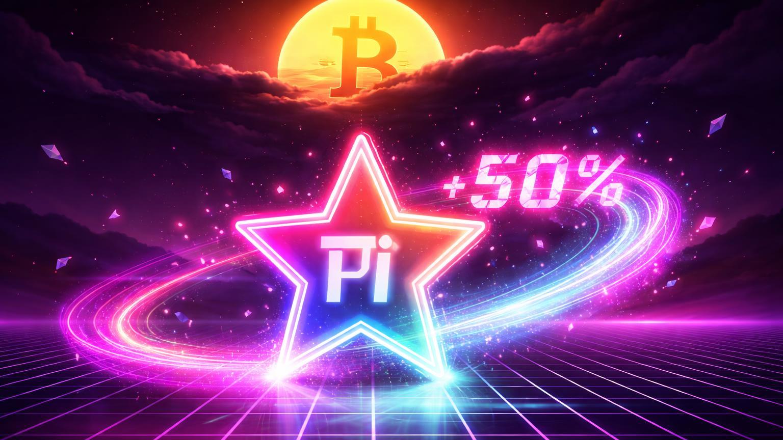 Estrela neon PI com +50% brilhando intensamente enquanto sol BTC recua no horizonte, simbolizando rally euforico isolado da altcoin
