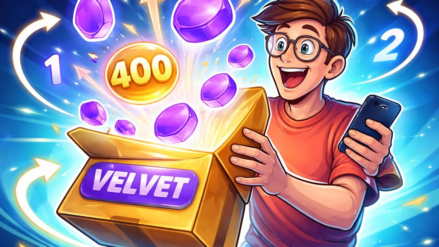 Personagem cartoon iniciante abrindo pacote de airdrop com tokens VELVET e 400 saindo, ilustrando resgate simples na Binance Alpha