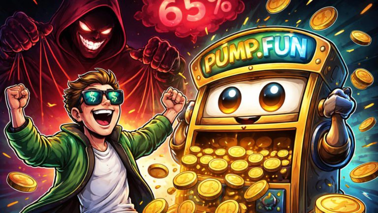 Trader cartoon eufórico recebendo cashback de máquina Pump.fun enquanto phisher sombrio puxa cordas com '65%', ironia das fraudes em memecoins Solana