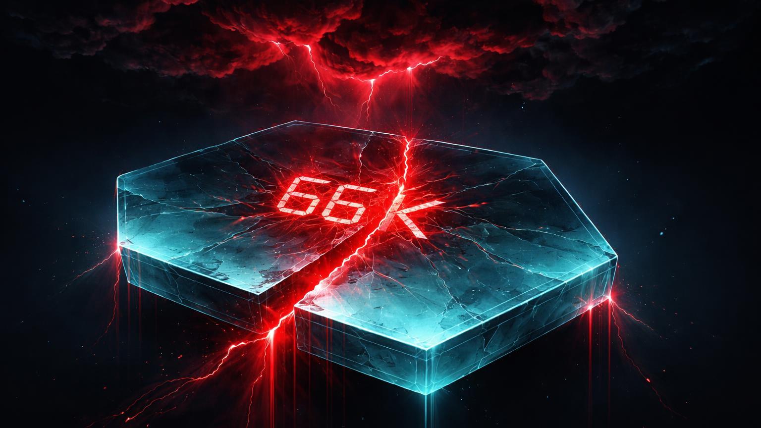 Plataforma cristalina de suporte rachando com '66K' luminoso sob nuvens vermelhas, representando Bitcoin testando suporte apos ata hawkish do Fed