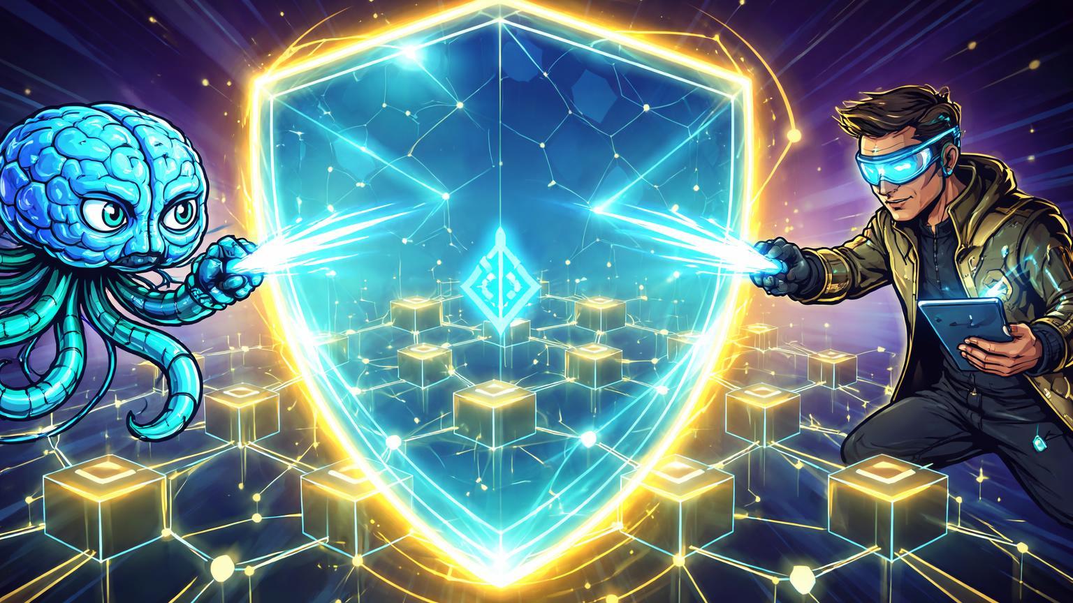 Personagens cartoon de cérebro IA e investidor tech ativando escudo neural sobre rede EVM, simbolizando EVMbench para segurança DeFi