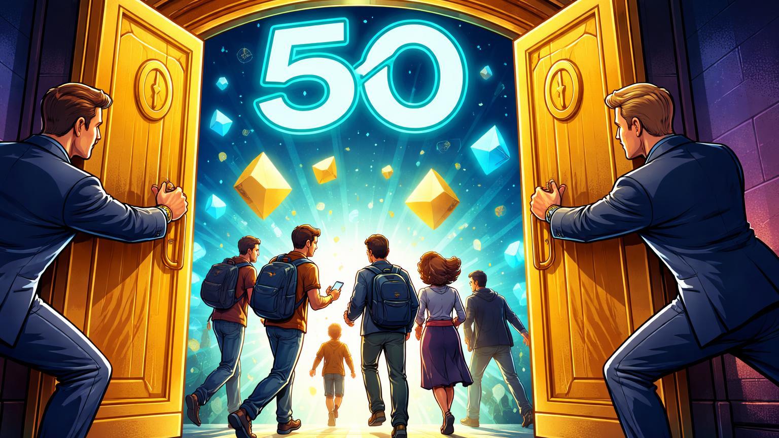 Bancários suíços cartoon abrindo portas baixas com '50' para pessoas comuns entrarem em mundo cripto cyan-dourado, democratizando acesso suíço