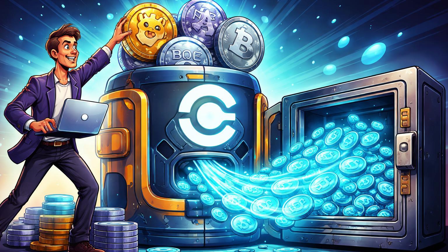 Trader cartoon depositando altcoins XRP, DOGE, ADA e LTC em terminal Coinbase para fluxo de USDC, expandindo empréstimos cripto