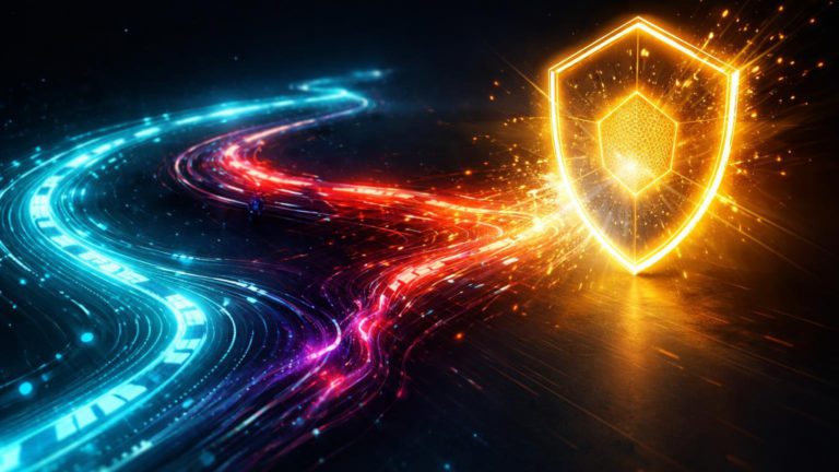 Fluxo de transações digitais cyan contaminado por veneno roxo, bloqueado por escudo dourado, representando proteção contra address poisoning