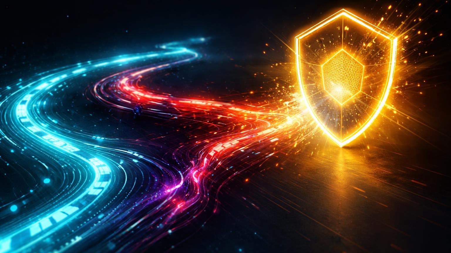 Fluxo de transações digitais cyan contaminado por veneno roxo, bloqueado por escudo dourado, representando proteção contra address poisoning