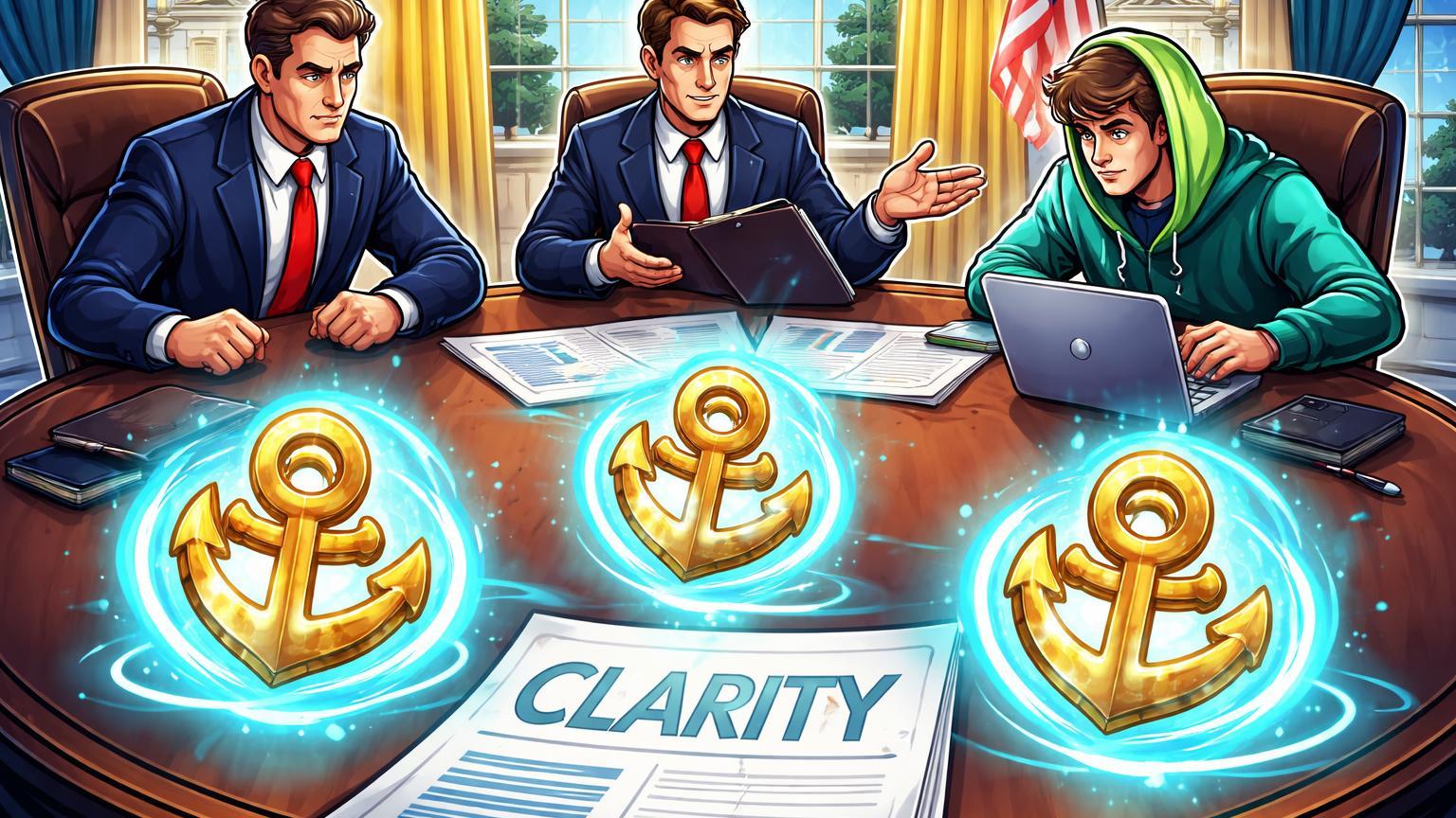 Personagens cartoon de bancos, Casa Branca e cripto debatendo stablecoins em mesa de reunião, simbolizando CLARITY Act e yields