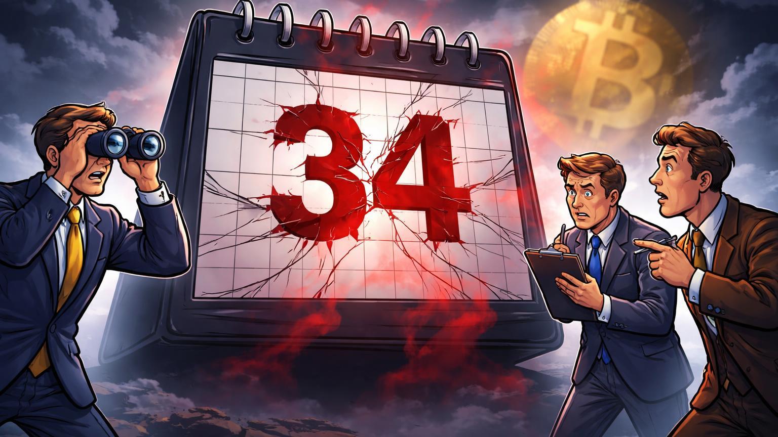 Calendário rachado com '34' vermelho e traders cartoon cautelosos ao redor, simbolizando prêmio negativo recorde na Coinbase e saídas de ETFs
