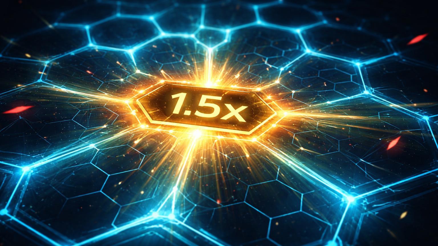 Rede DeFi hexagonal reparada com '1.5x' dourado emitindo luz, simbolizando compensação após exploit de oráculo no Moonwell