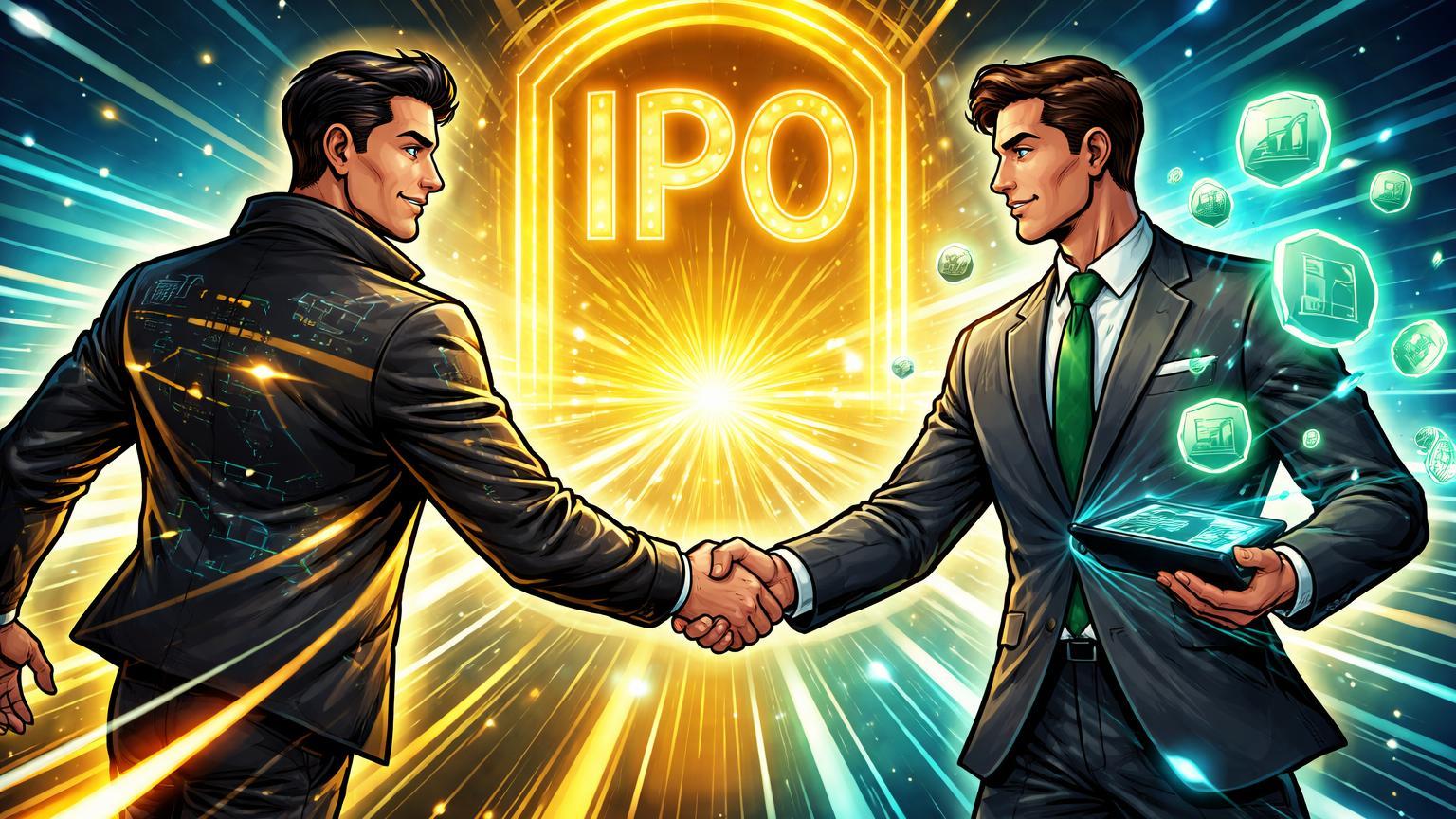 Executivos cartoon de exchange e tokenização em handshake dinâmico rumo a portal IPO, simbolizando aquisição da Kraken e aceleração para IPO