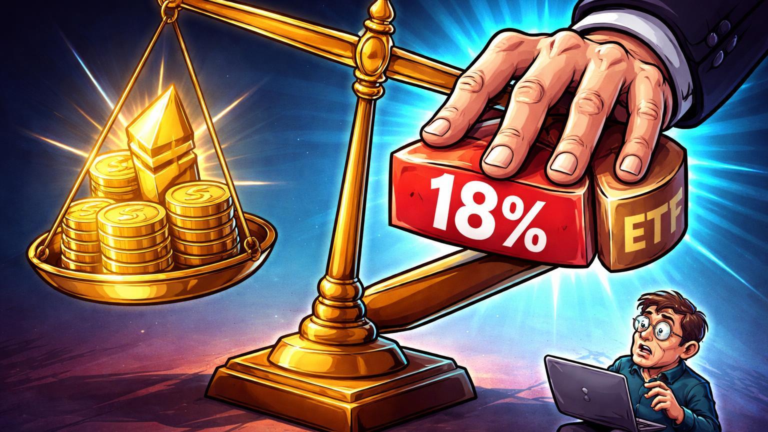 Balança cartoon desequilibrada com mão corporativa retendo 18% de recompensas ETH, investidor surpreso analisando custos de ETF staking BlackRock