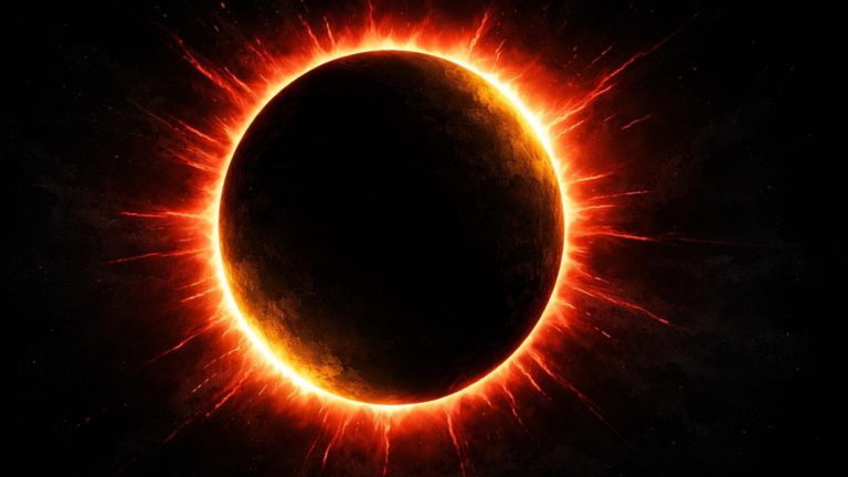 Eclipse escuro cobrindo sol dourado do Bitcoin com raios vermelhos, simbolizando pior queda desde 2022 por Fed hawkish e tensões globais