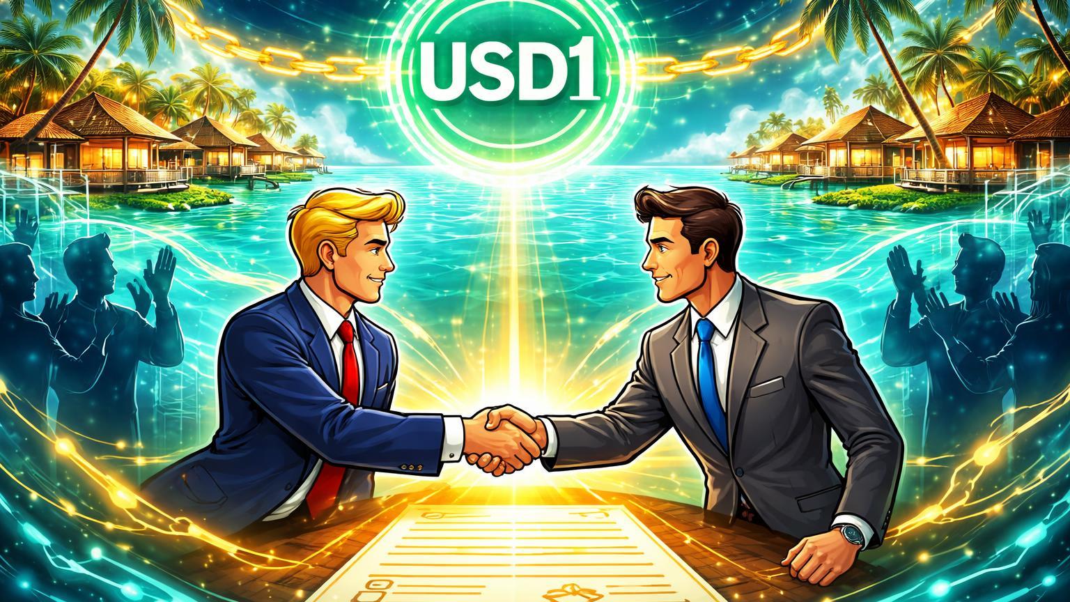 Executivos cartoon selando parceria sobre contrato com resort tokenizado e stablecoin USD1, simbolizando aliança trilionária WLFI-Apex