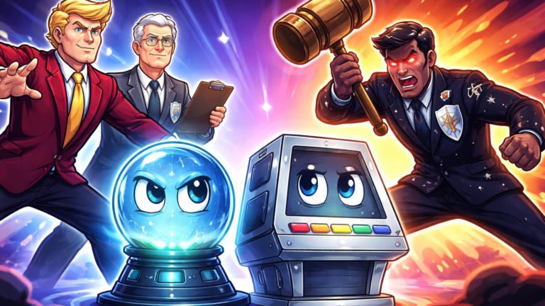 Figuras cartoon de Trump e Fed defendendo plataformas Polymarket e Kalshi contra procurador de Nevada, simbolizando conflito regulatório nos EUA