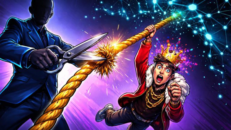 Executivo CZ cartoon cortando corda dourada que prende influenciador com coroa glitch IA, simbolizando abandono por polêmica no ecossistema Binance