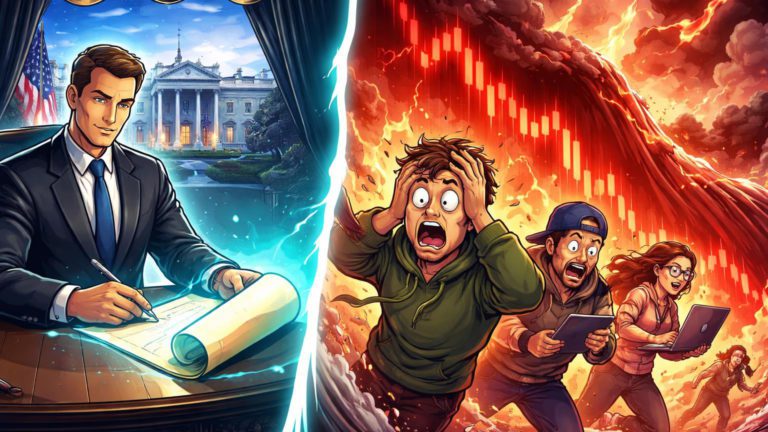Regulador cartoon calmo na Casa Branca assinando lei Clarity contrastando com traders varejistas em pânico, ilustrando oscilação regulatória e medo no mercado cripto