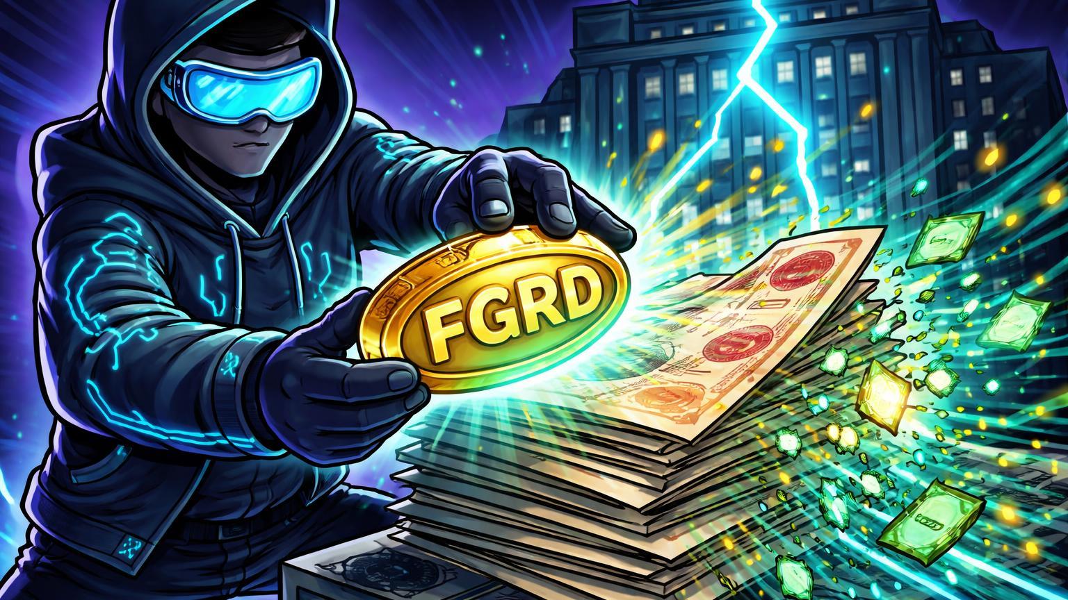 Investidor crypto cartoon tokenizando pilha de ações tradicionais com token FGRD, dissolvendo em rede blockchain contra silhueta de Wall Street