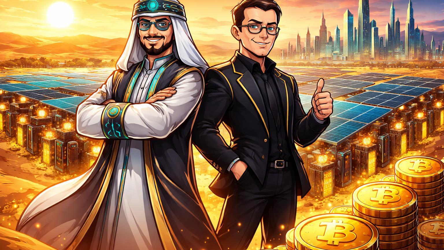 Personagens cartoon de sheik tech e CZ supervisionando rigs de mineração produzindo blocos BTC no deserto, simbolizando lucros dos Emirados Árabes com Bitcoin