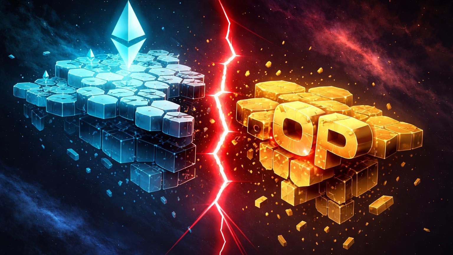 Rede isométrica L2 rachando ao meio, com estruturas cyan (Base) separando de dourado (Optimism) e fenda vermelha, ilustrando racha no ecossistema Ethereum