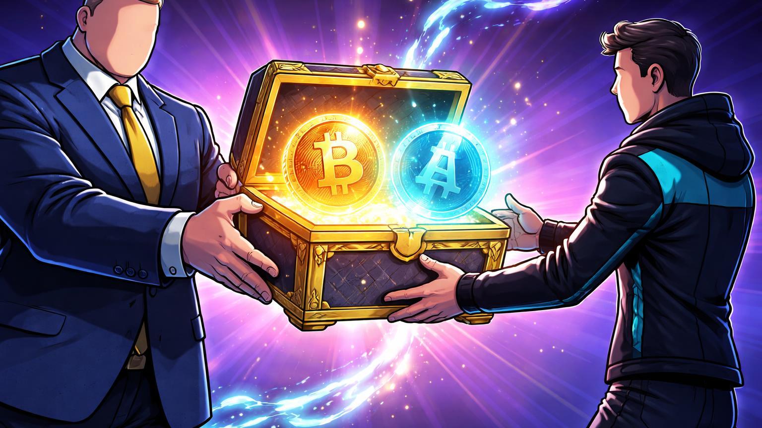 Personagens cartoon de BlackRock e Coinbase transferindo baú com esferas BTC e ETH luminosas, simbolizando movimentação on-chain de US$115M