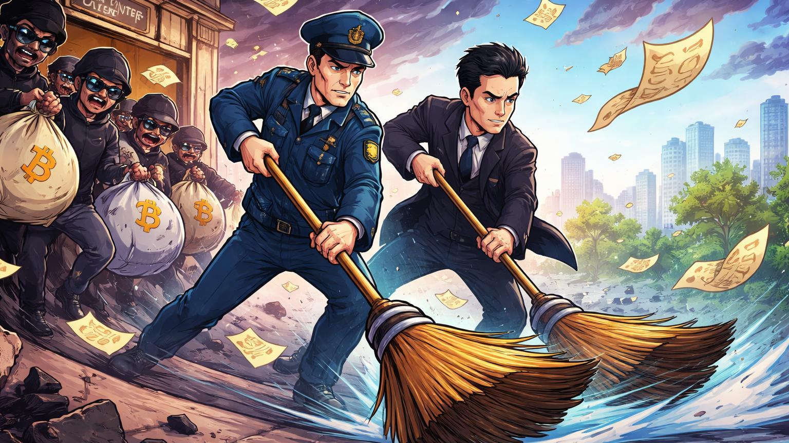 Autoridades cartoon varrendo fraudadores de centros de golpes cripto com multas voando, simbolizando limpeza regulatória na Rússia e Camboja