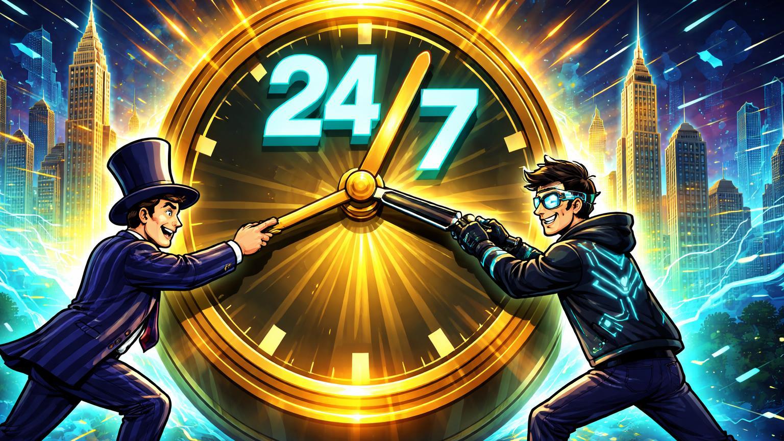 Personagens cartoon de Wall Street e trader cripto ativando relógio 24/7 com rede digital ao fundo, simbolizando lançamento do trading cripto pela CME
