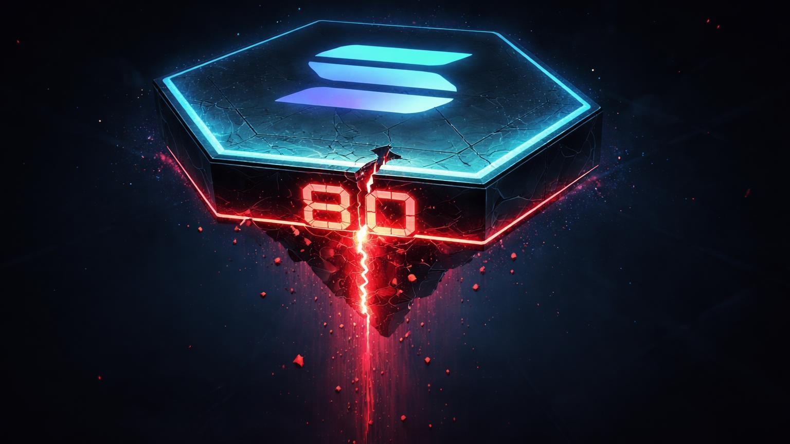 Plataforma digital de Solana com base de suporte "80" rachando em vermelho, partículas caindo, sinalizando risco de queda para US$50-60