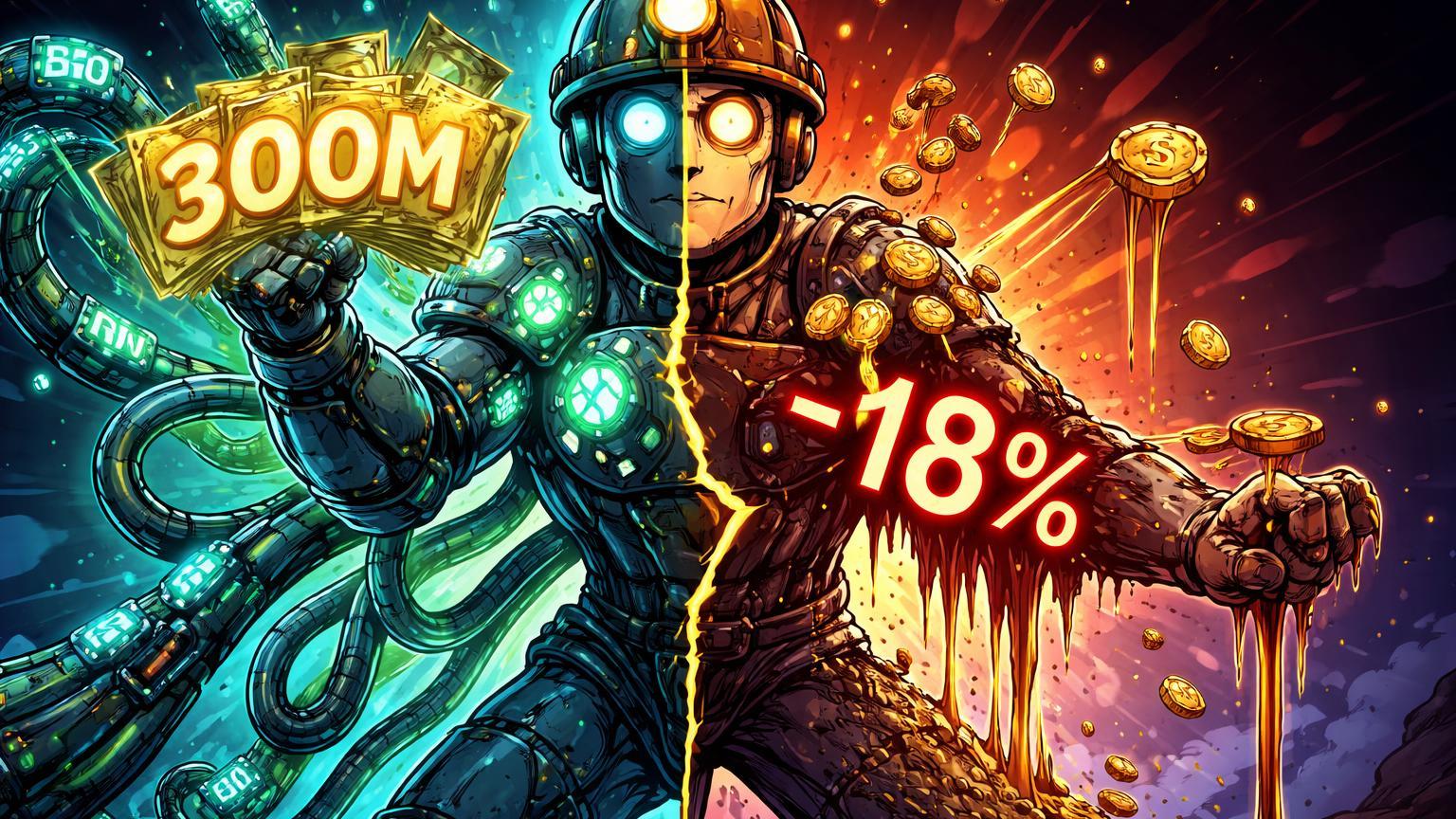 Personagem cartoon de mineradora dividido: lado crescendo com IA e 300M, lado colapsando com -18% em ações, paradoxo da captação Bitdeer
