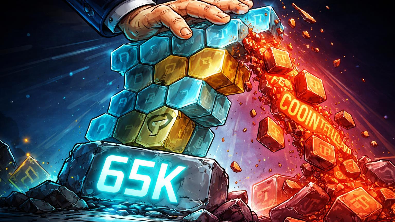 Estrutura digital instável sob mão política cartoon e avalanche vermelha de liquidações, com suporte 65K no BTC simbolizando pressão no mercado cripto