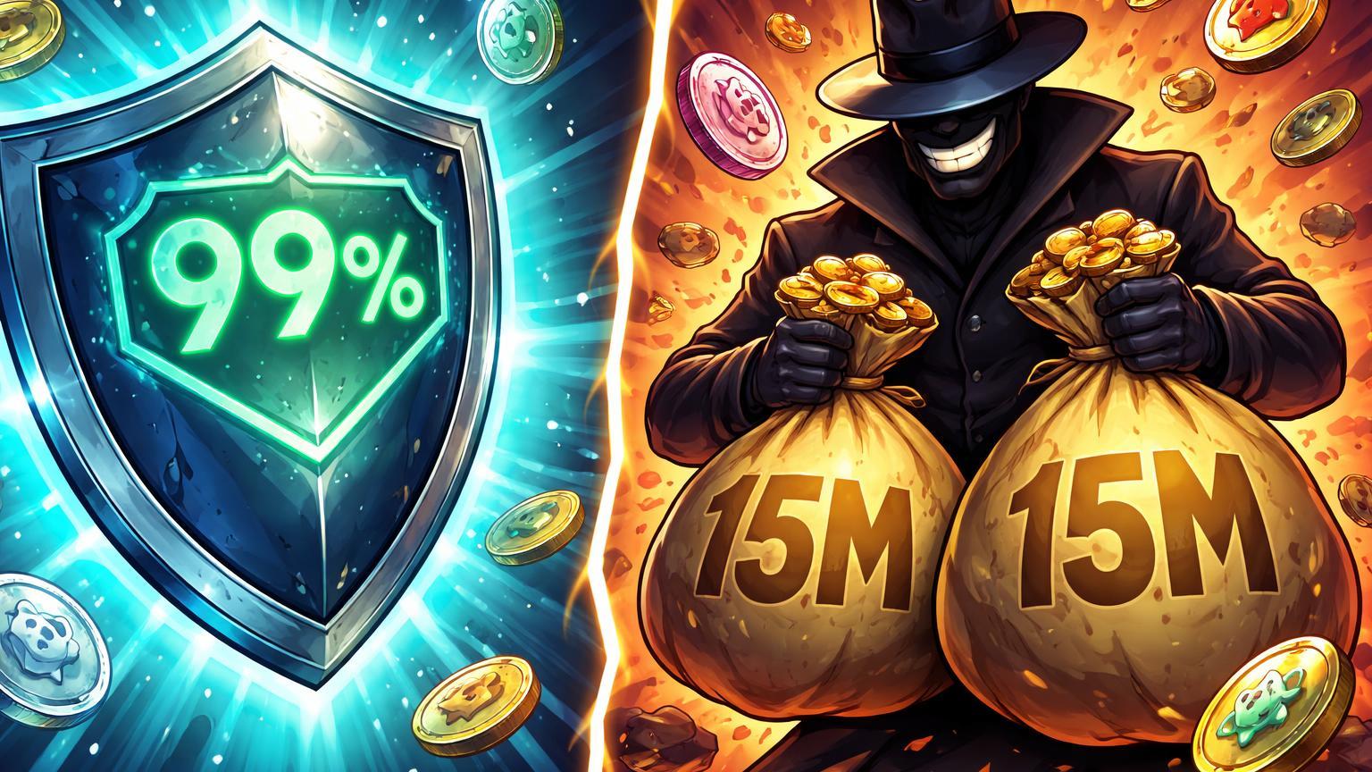 Contraste entre escudo stablecoin com selo 99% verde e golpista cartoon carregando sacos 15M de memecoins caóticas, alertando riscos de scams