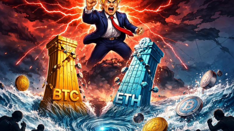 Figura cartoon de líder político invocando raios vermelhos sobre pilares BTC e ETH desabando em tormenta, ilustrando pânico cripto por tensão Trump-Irã