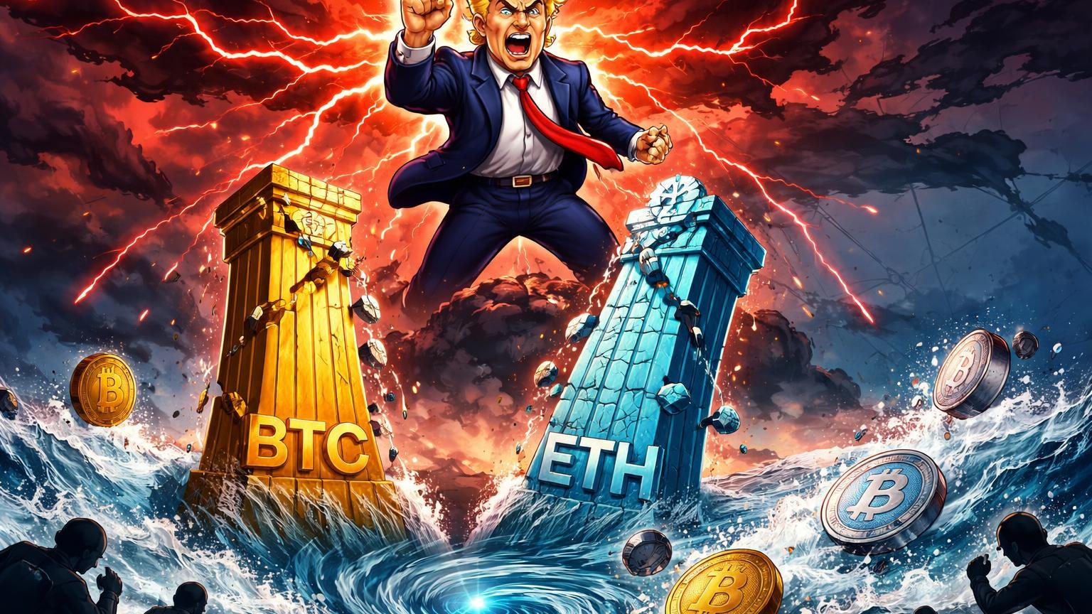 Figura cartoon de líder político invocando raios vermelhos sobre pilares BTC e ETH desabando em tormenta, ilustrando pânico cripto por tensão Trump-Irã