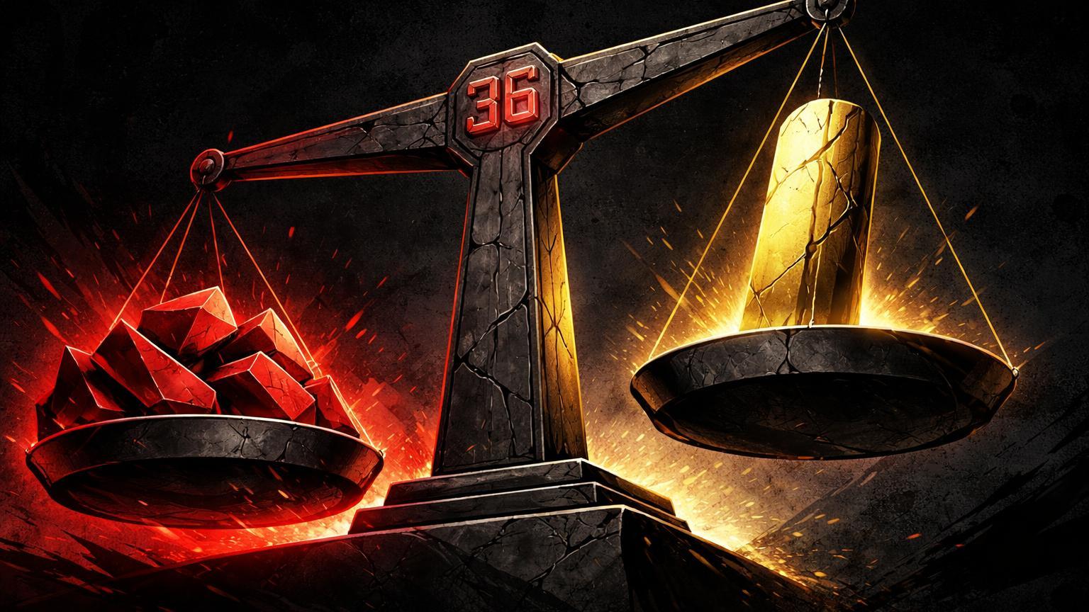 Balança brutalista inclinada com lado vermelho pesado e '36' gravado, simbolizando 36 dias de pressão de venda nos EUA sobre Bitcoin