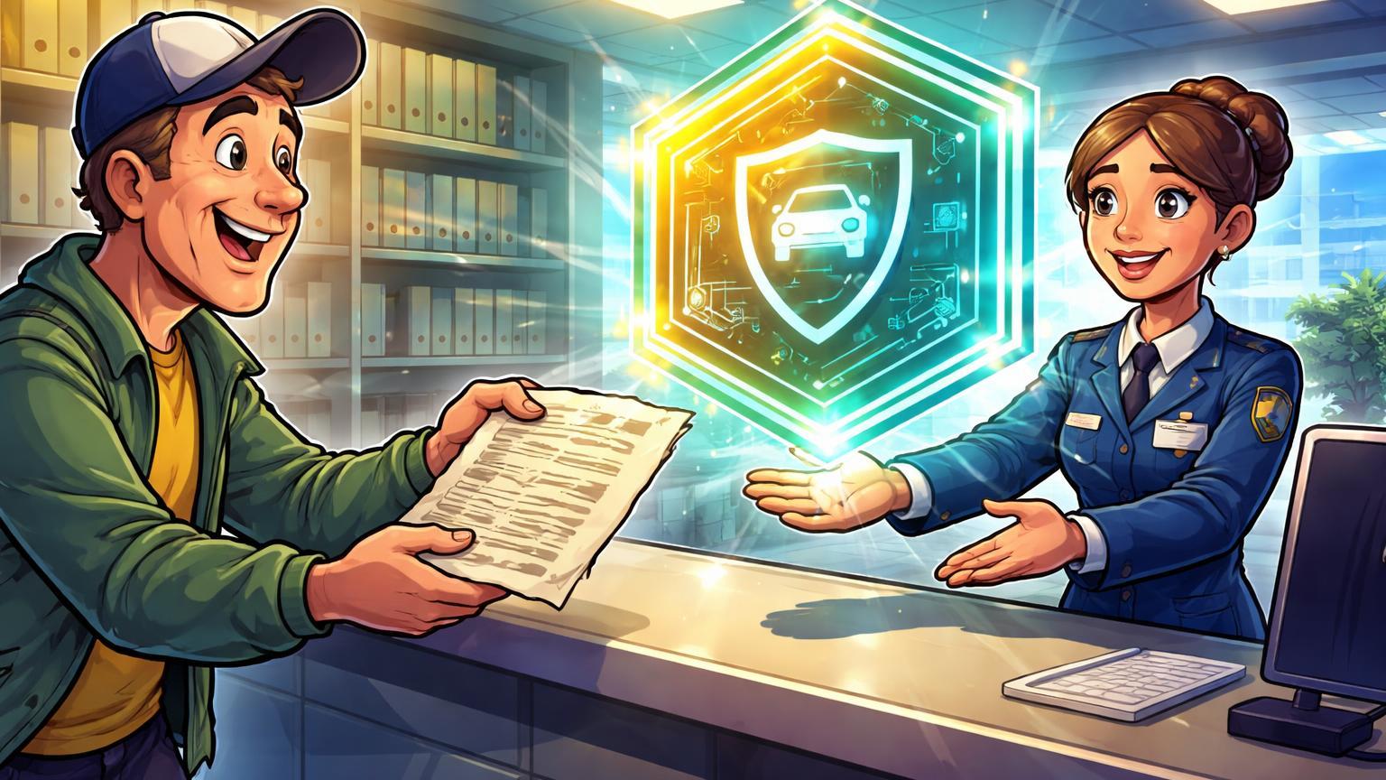 Personagem cartoon trocando documento físico por holograma tokenizado de veículo com escudo, ilustrando Passaporte Digital do Detran-PR contra fraudes