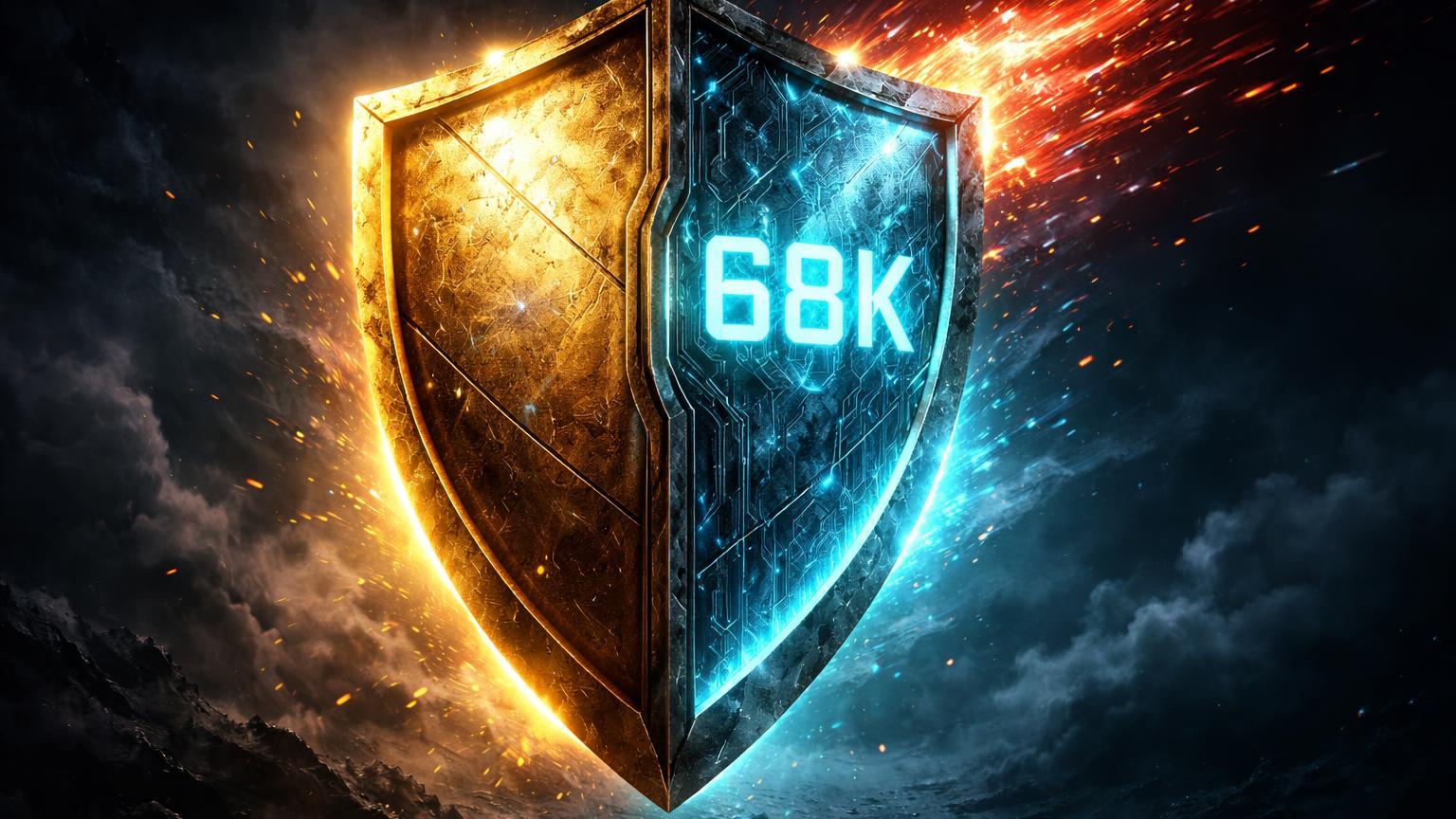 Escudo bipartido ouro dourado e Bitcoin cristalino com 68K deflectindo rajadas vermelhas de tensao geopolitica EUA-Irã