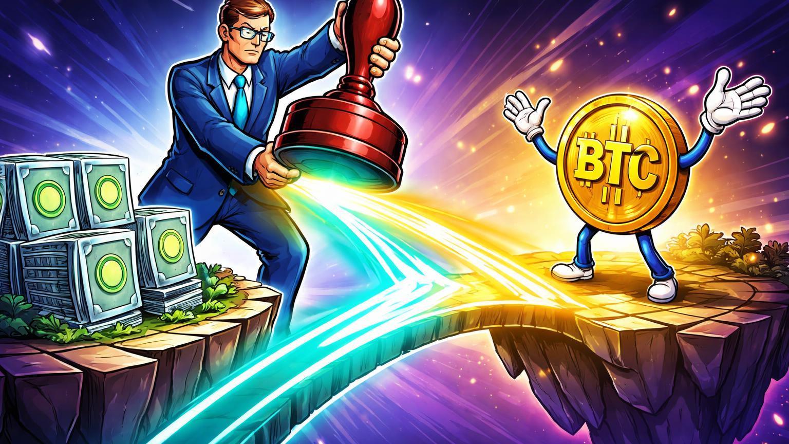 Regulador cartoon construindo ponte direta entre ações tokenizadas e Bitcoin animado, simbolizando liberação da SEC para trocas sem fiat