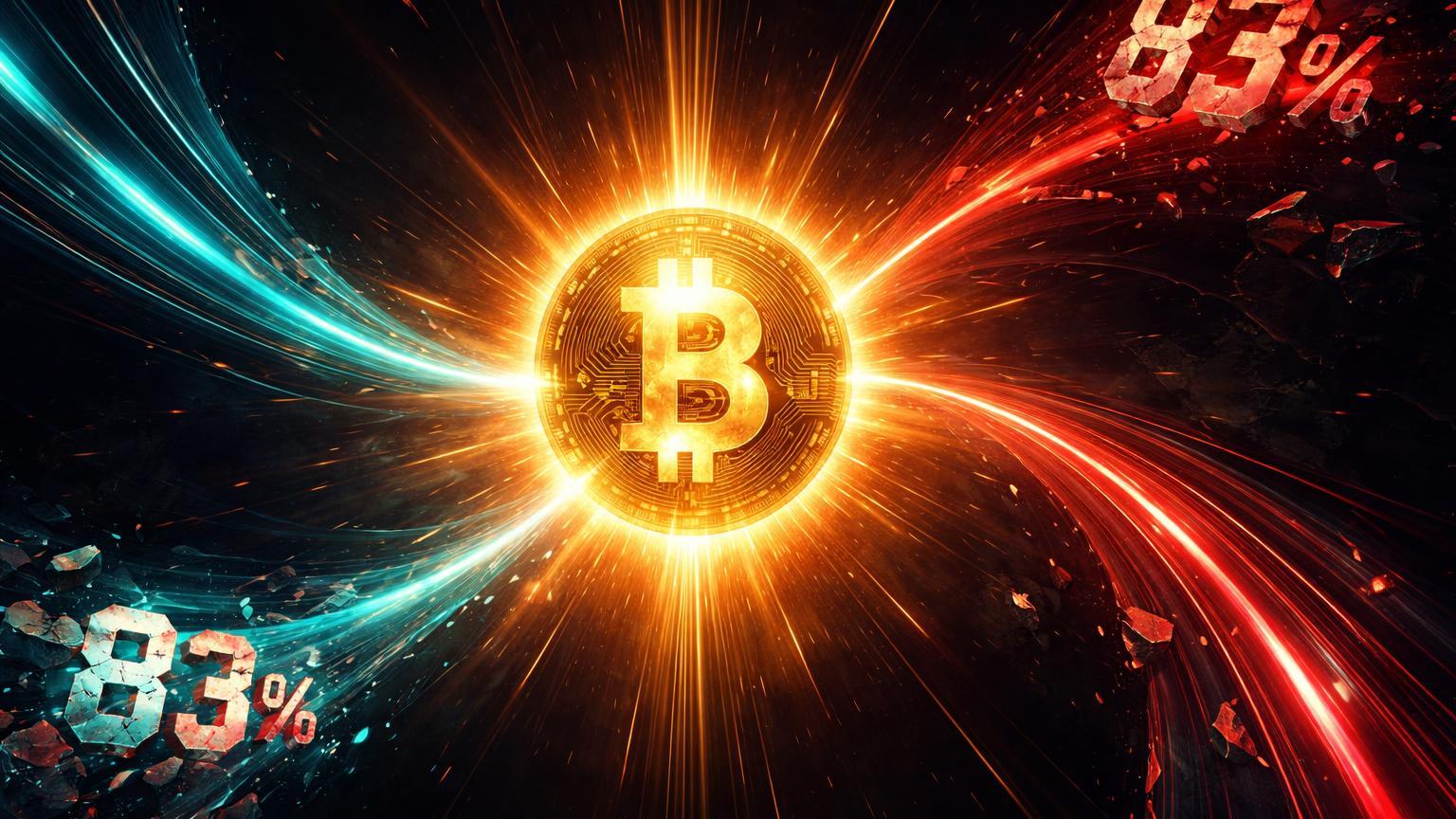 Núcleo dourado Bitcoin absorvendo energia cyan de altcoins com fragmentos 83% dissipando, simbolizando massacre e domínio BTC