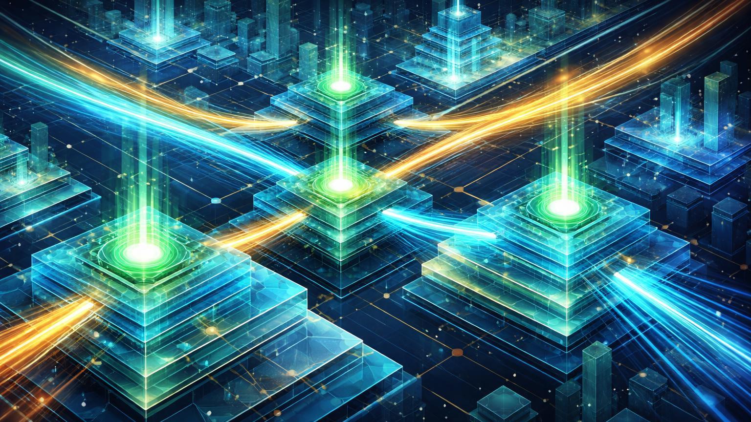 Paisagem isométrica DeFi Layer 2 com fluxos de energia cyan e dourado acelerados, simbolizando migração Ether.fi para Optimism e API Uniswap