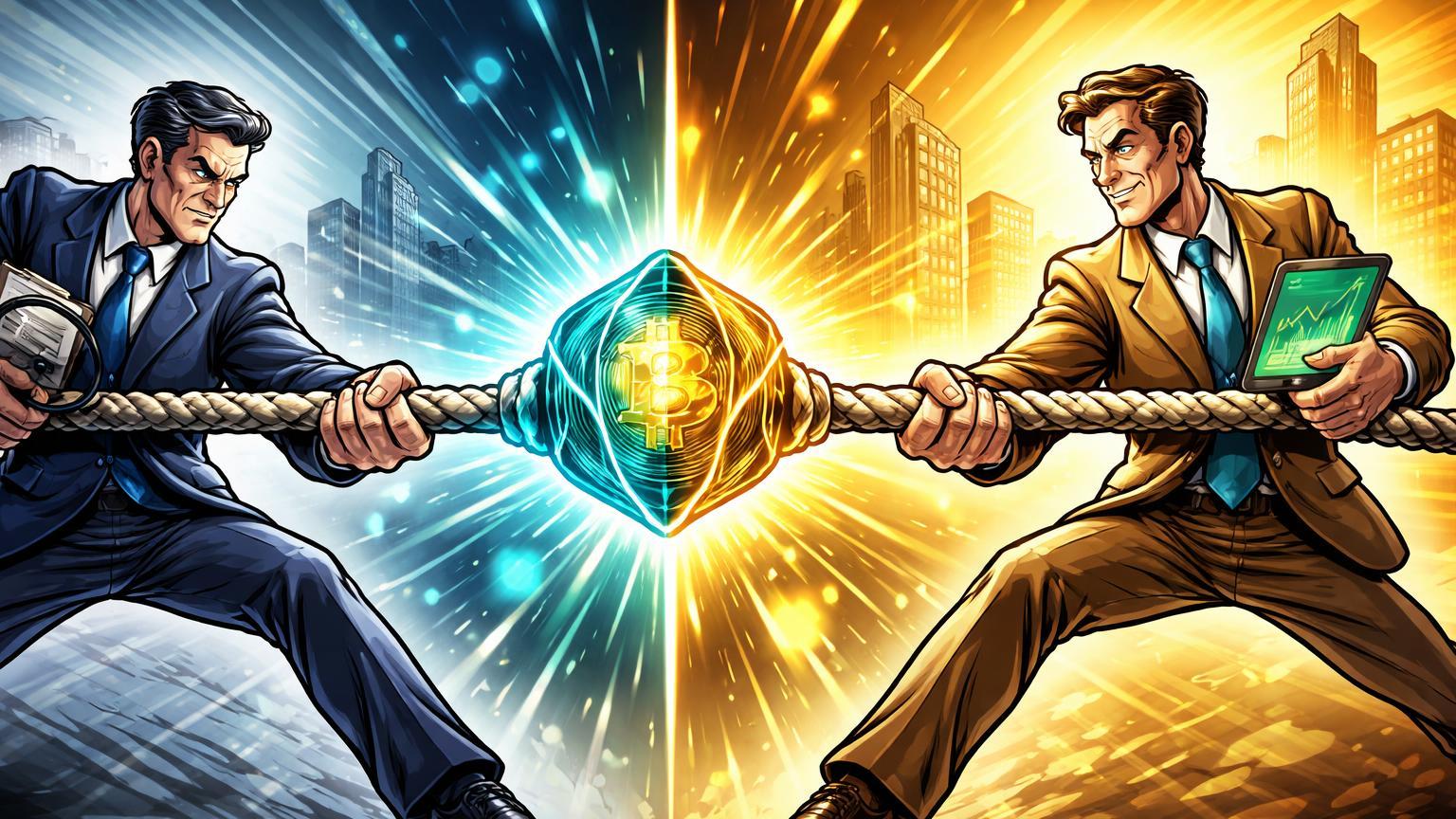 Personagens cartoon em cabo de guerra sobre nócleo cripto luminoso, simbolizando investigação democrata vs adoção Wall Street em batalha eleitoral EUA