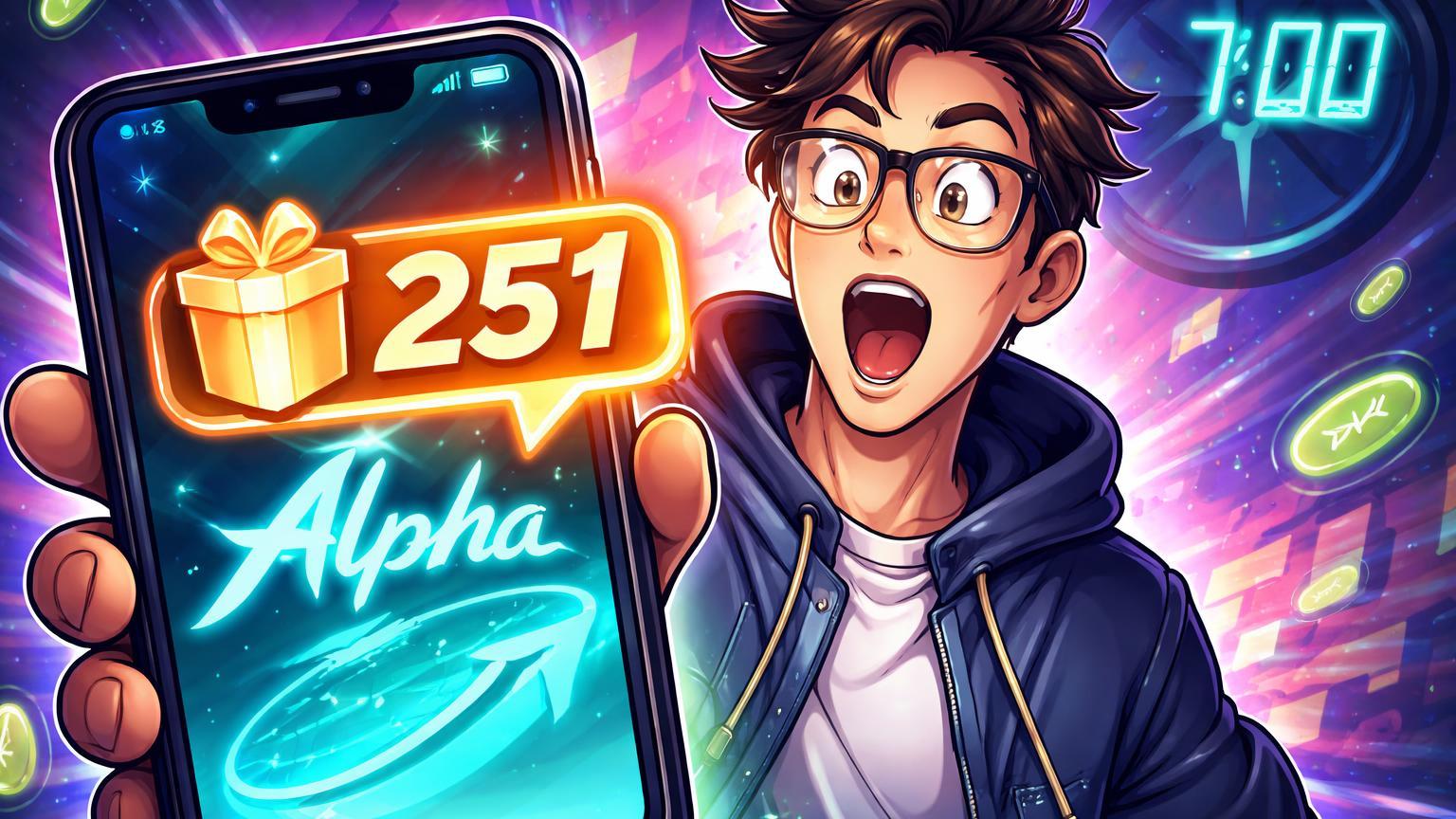 Trader cartoon empolgado checando smartphone com 251 pontos e notificação de airdrop Alpha piscando, simbolizando chance urgente de tokens gratuitos na Binance
