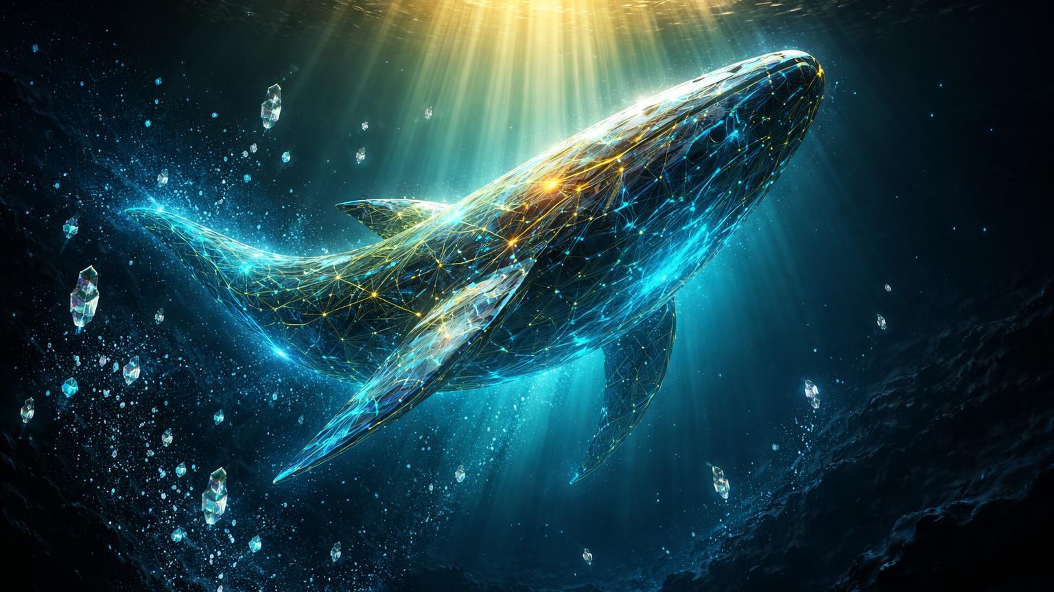 Baleia digital geométrica emergindo de abismo oceânico com partículas ETH ascendentes, simbolizando compras de baleias no dip de Ethereum antes de alta de 81%