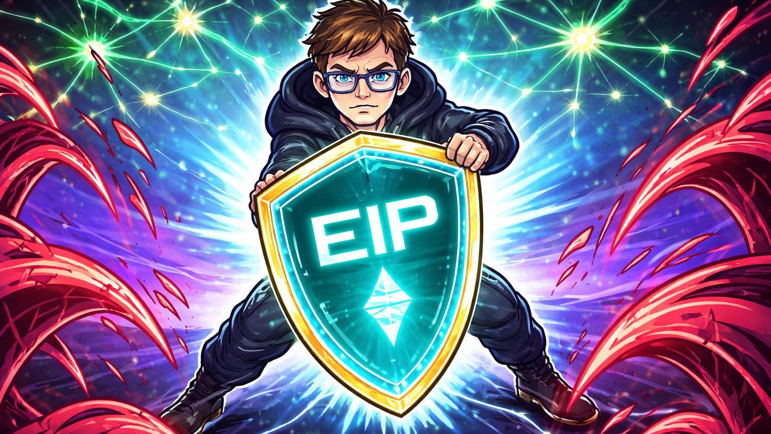 Vitalik cartoon erguendo escudo cyan Ethereum contra ondas vermelhas de censura, simbolizando FOCIL e EIP-8141 anti-censura