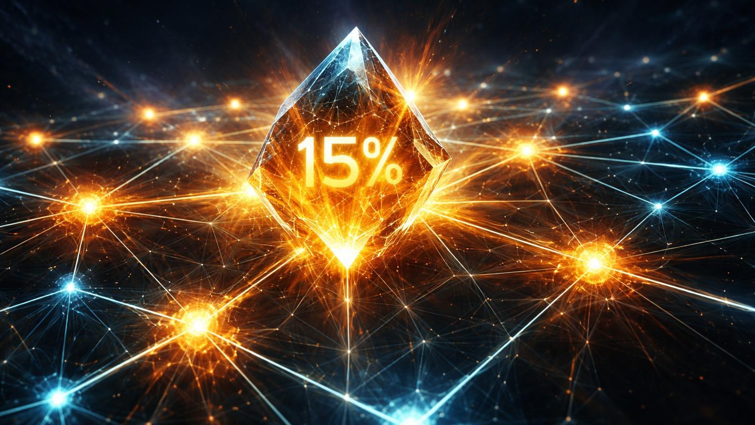 Rede cristalina hexagonal expandindo com nós dourados e linhas tensionadas cyan, simbolizando salto de 15% na dificuldade de mineração do Bitcoin