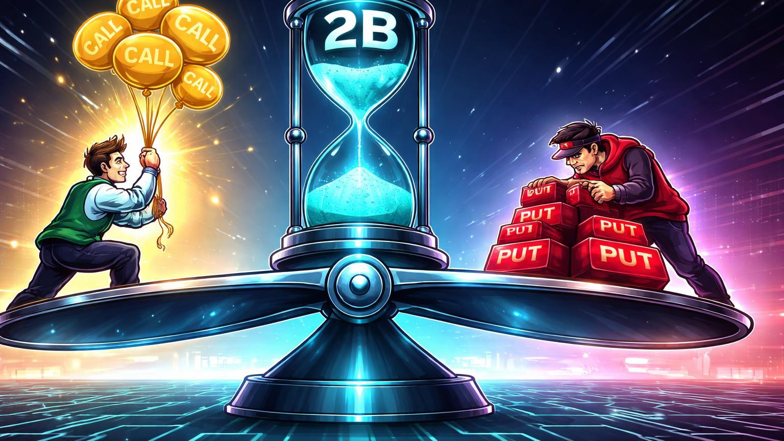 Traders cartoon em balança de opções BTC com '2B' no relógio, simbolizando expiração massiva e volatilidade iminente
