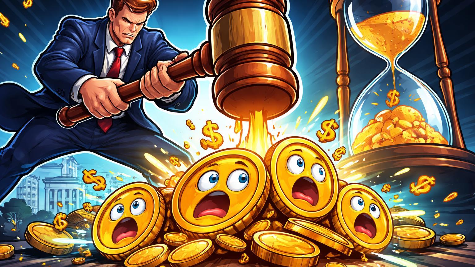 Figura cartoon da Casa Branca martelando stablecoins com rendimento, ampulheta caindo, simbolizando ultimato da CLARITY Act