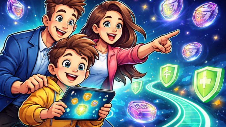 Família cartoon com pais supervisionando filho em app cripto educativo, tokens TRUTH caindo, simbolizando aprendizado seguro para jovens