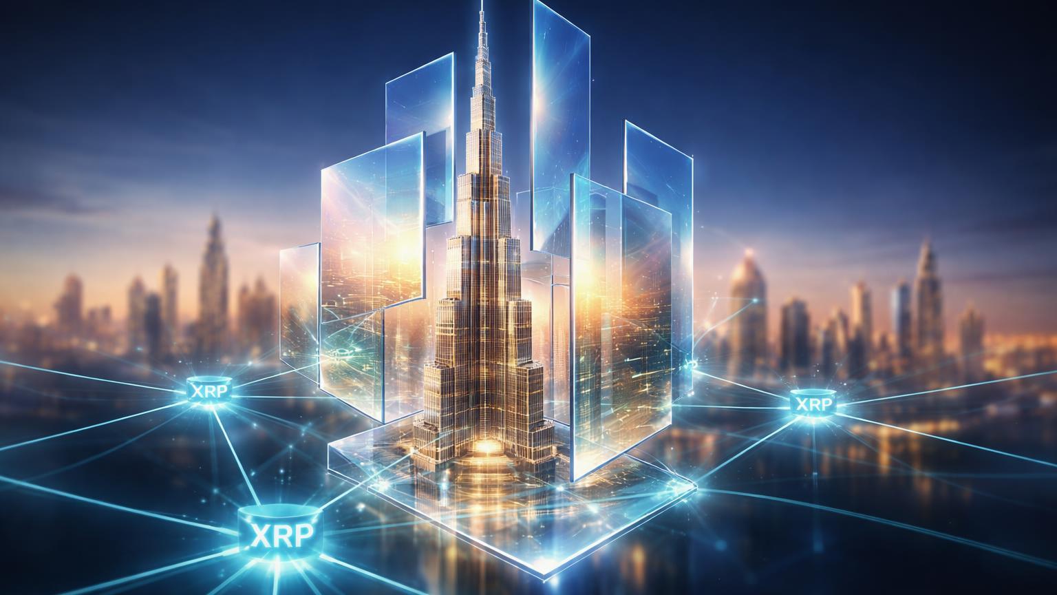 Arranha-céu luxuoso fragmentado em painéis translúcidos conectados por rede cyan XRP, simbolizando tokenização de imóveis em Dubai