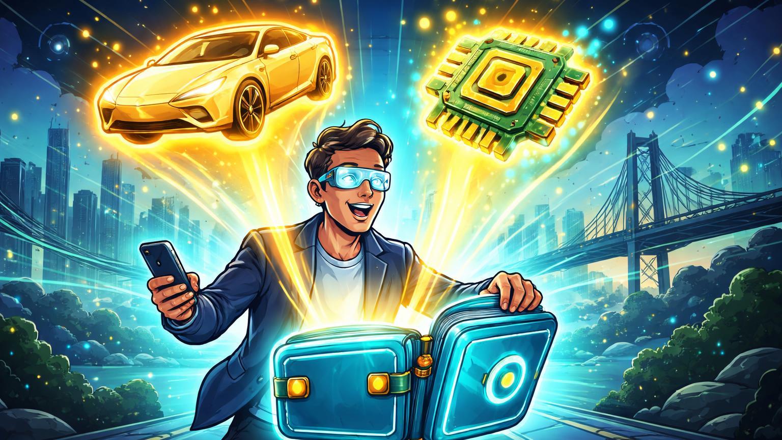 Investidor cartoon abrindo wallet digital com holo-projeções de carro Tesla e chip Nvidia tokenizados, simbolizando integração RWA na Phemex