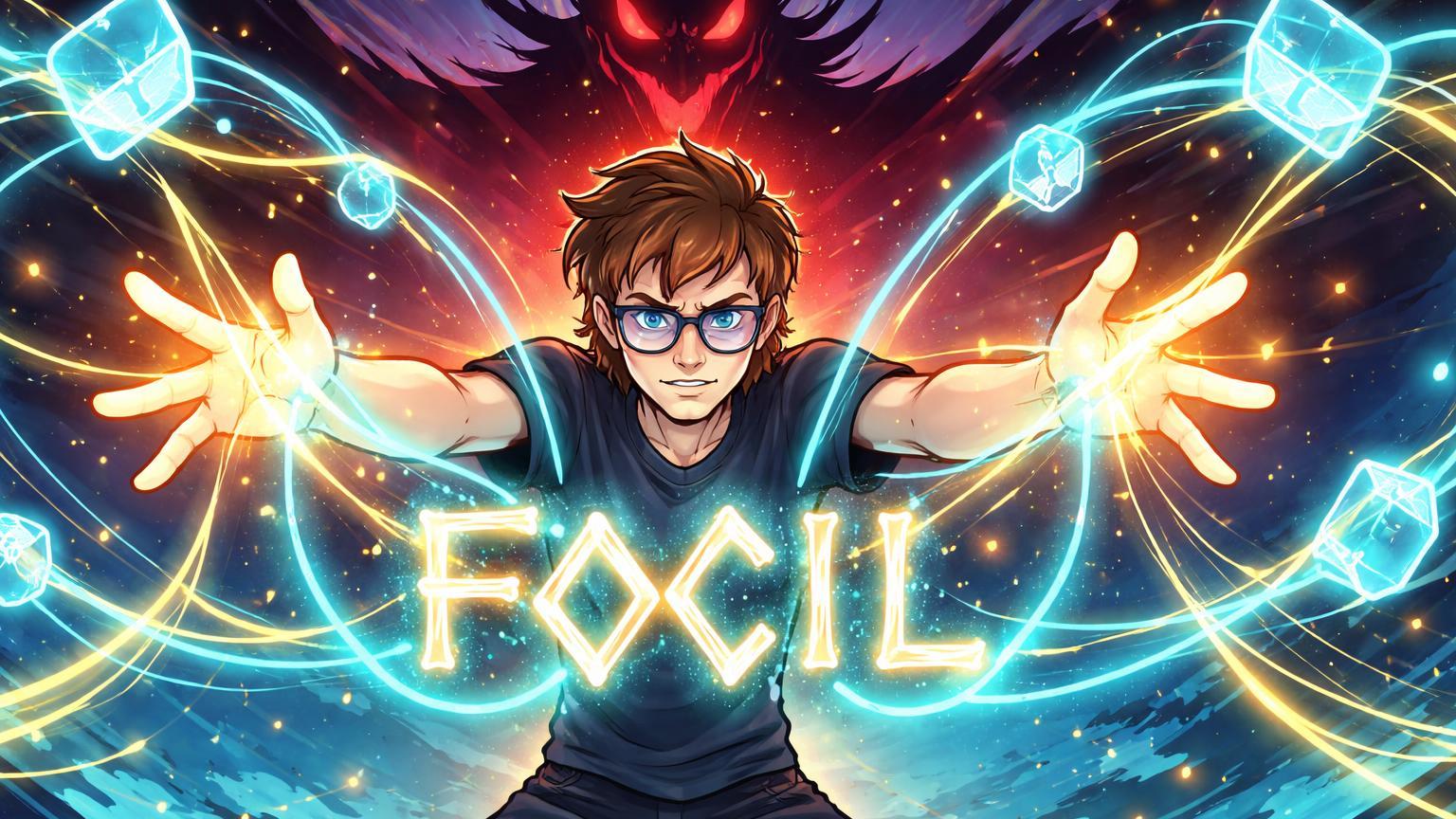 Vitalik Buterin cartoon tecendo fios FOCIL cyan para unir fragmentos Ethereum, repelindo sombra de morte lenta