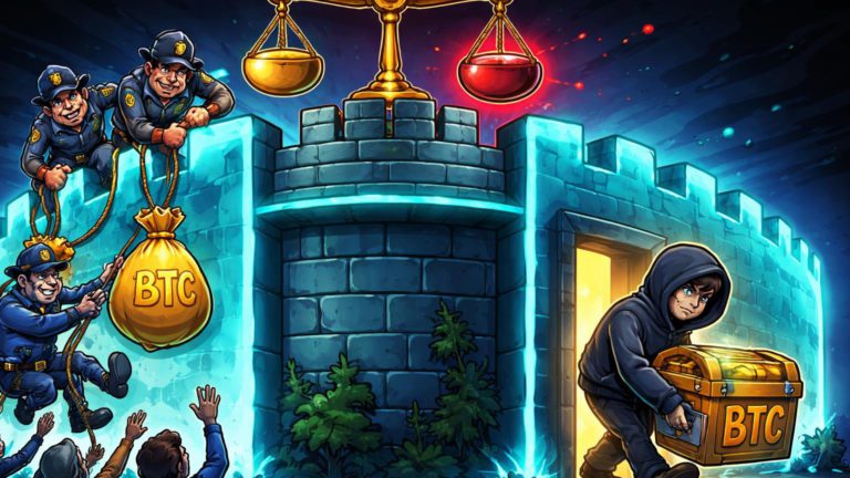 Policiais cartoon corruptos escalando fortaleza cripto roubando moedas enquanto hacker devolve baú de BTC, alertando riscos de crime em Malásia e Coreia do Sul