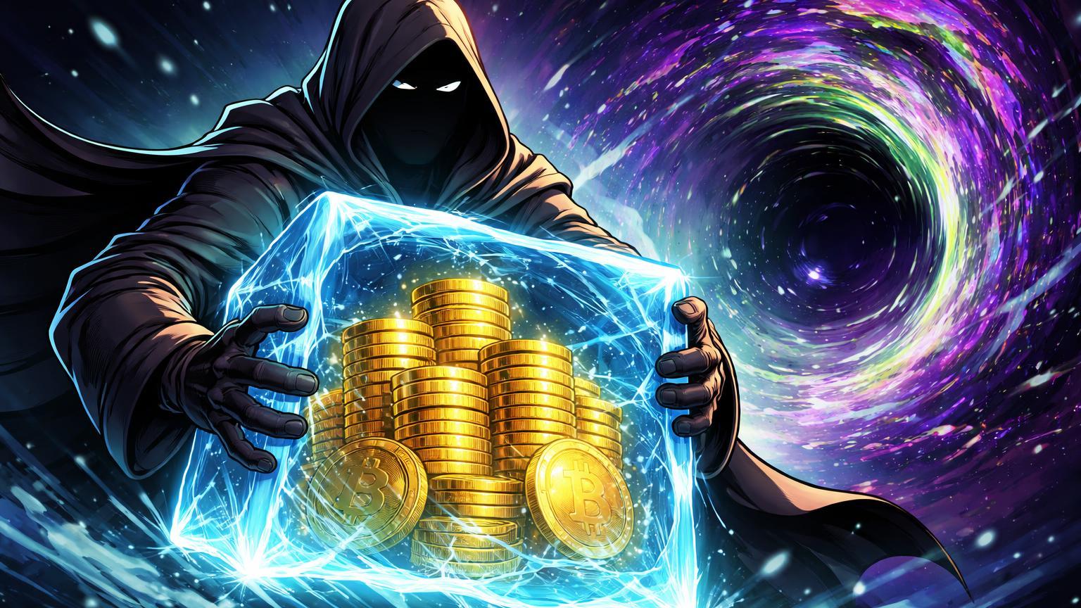 Figura encapuzada cartoon protegendo moedas douradas inativas em bloco de gelo contra vórtice quântico, debatendo risco em Bitcoin de Satoshi